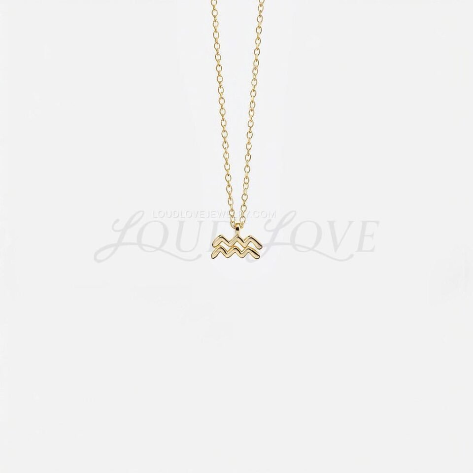 Aquarius zodiac necklace with water wave motif, crafted in yellow gold.