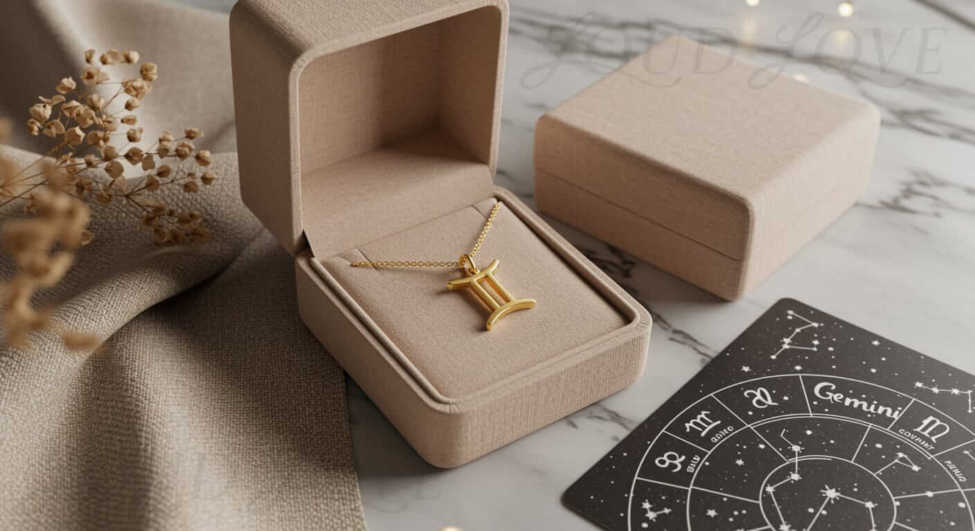 Gemini zodiac necklace in jewelry box
