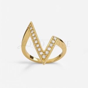 Asymmetrical V-shaped gold wedding ring with channel-set round moissanites.