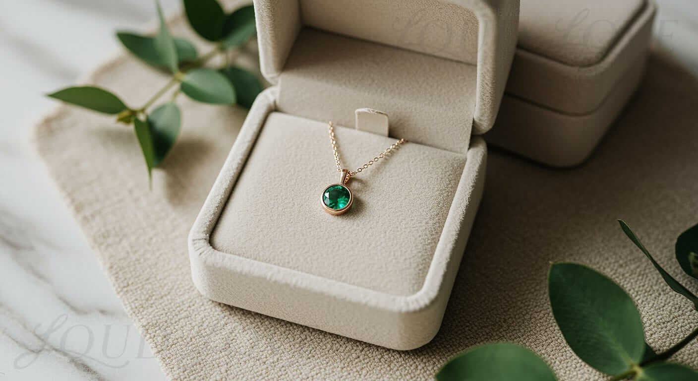 Deep green birthstone necklace on 14k yellow gold chain.