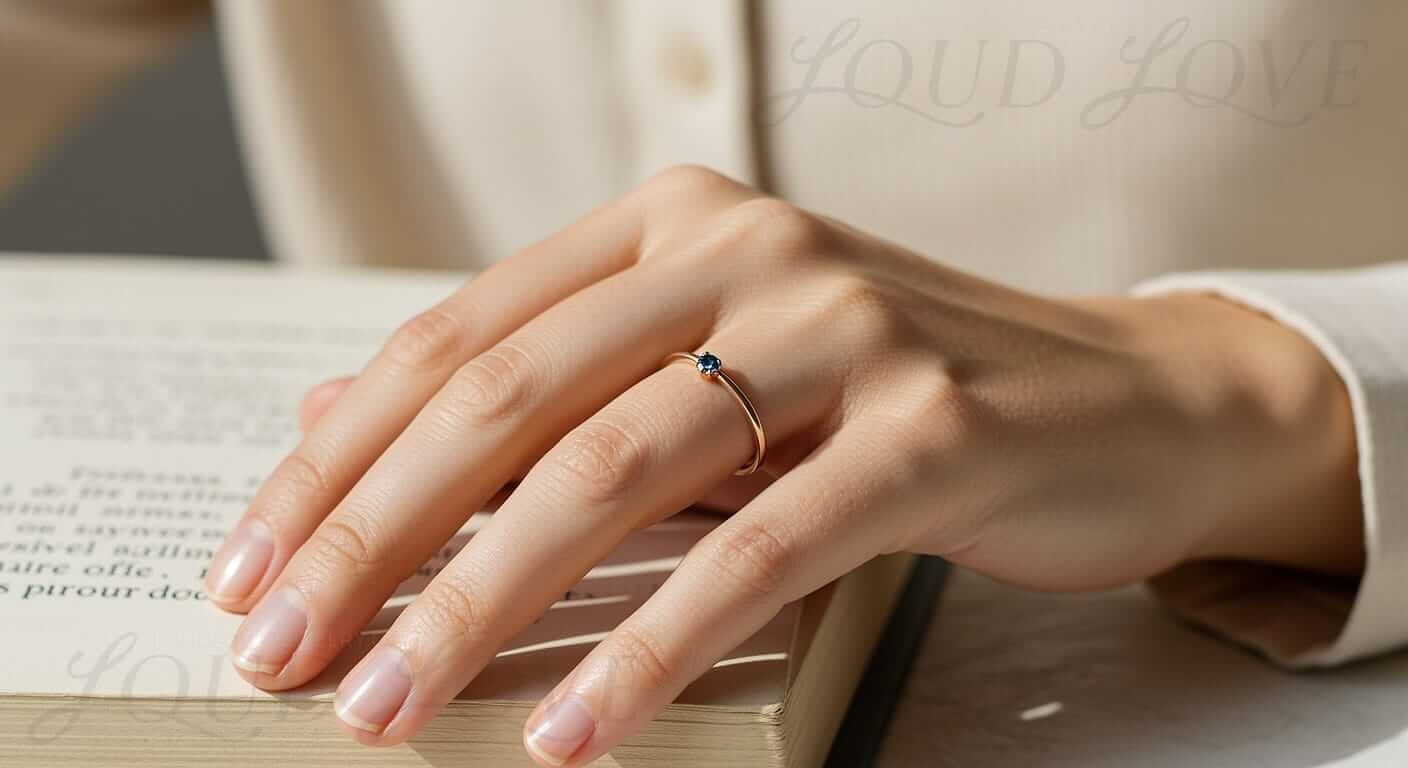 Girl wearing her birthstone ring that features a blue gemstone