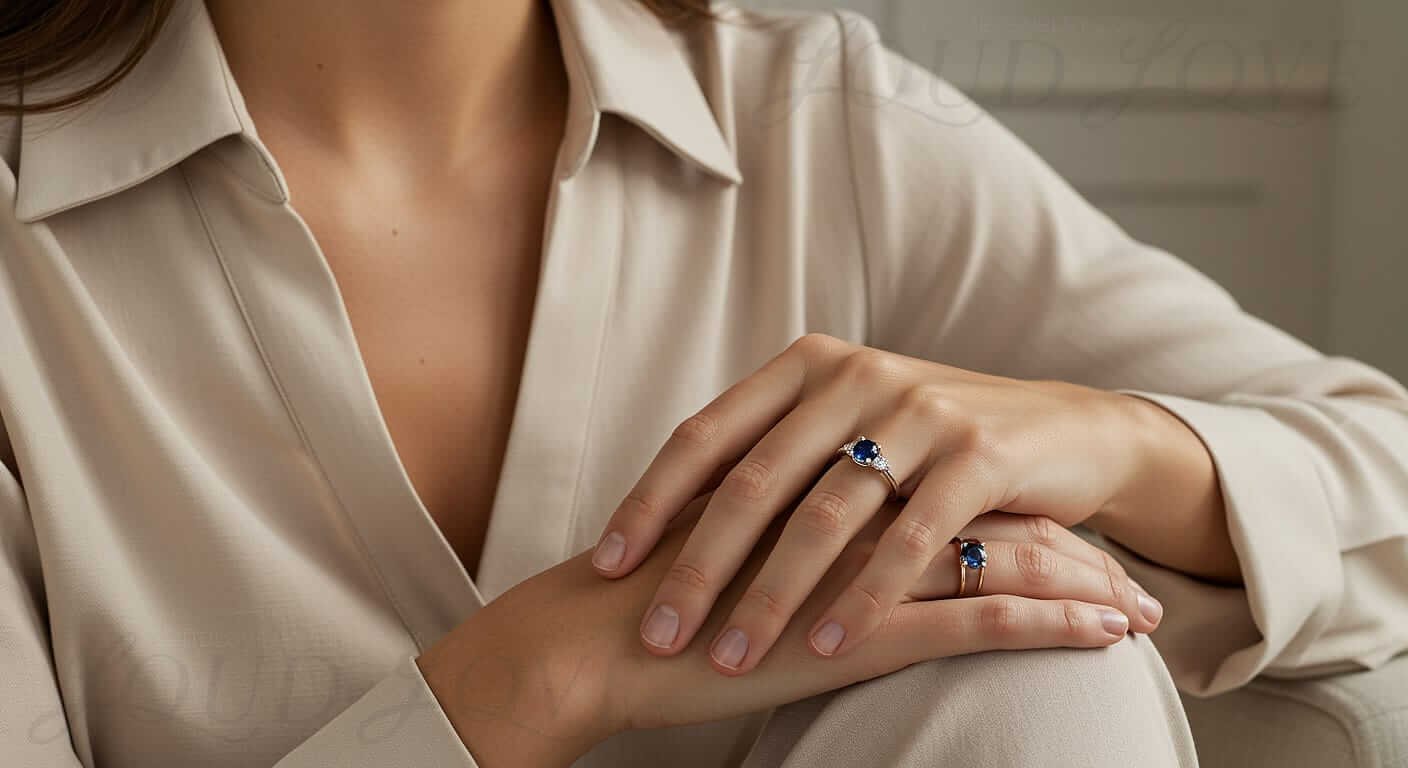 Woman wearing complementary blue gemstones rings on both hands.