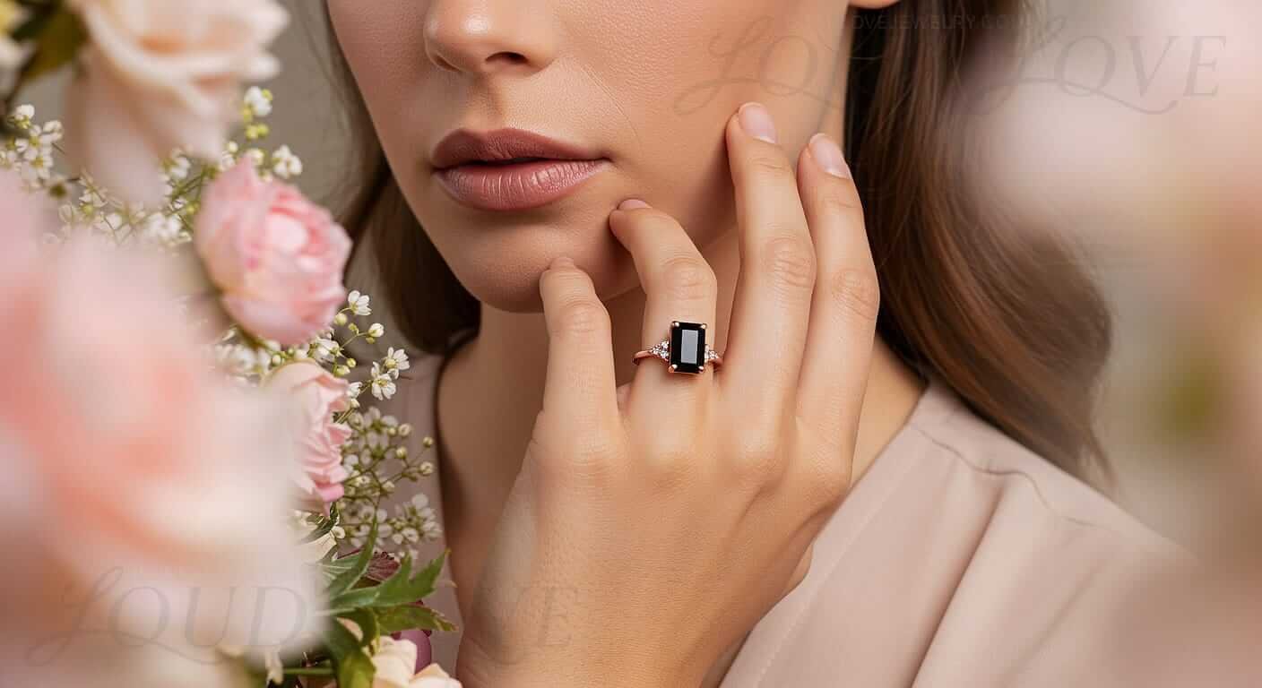 Girl with black lab-grown diamond cocktail ring.