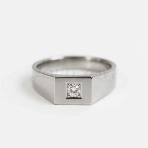 Round lab diamond in a square signet-style ring, front view.