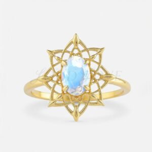 Oval moonstone set in yellow gold with a dreamcatcher-inspired design and 4 prongs.