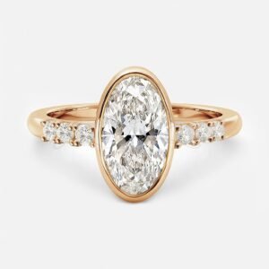 Elongated oval moissanite ring with bezel setting and six side stones, front view.