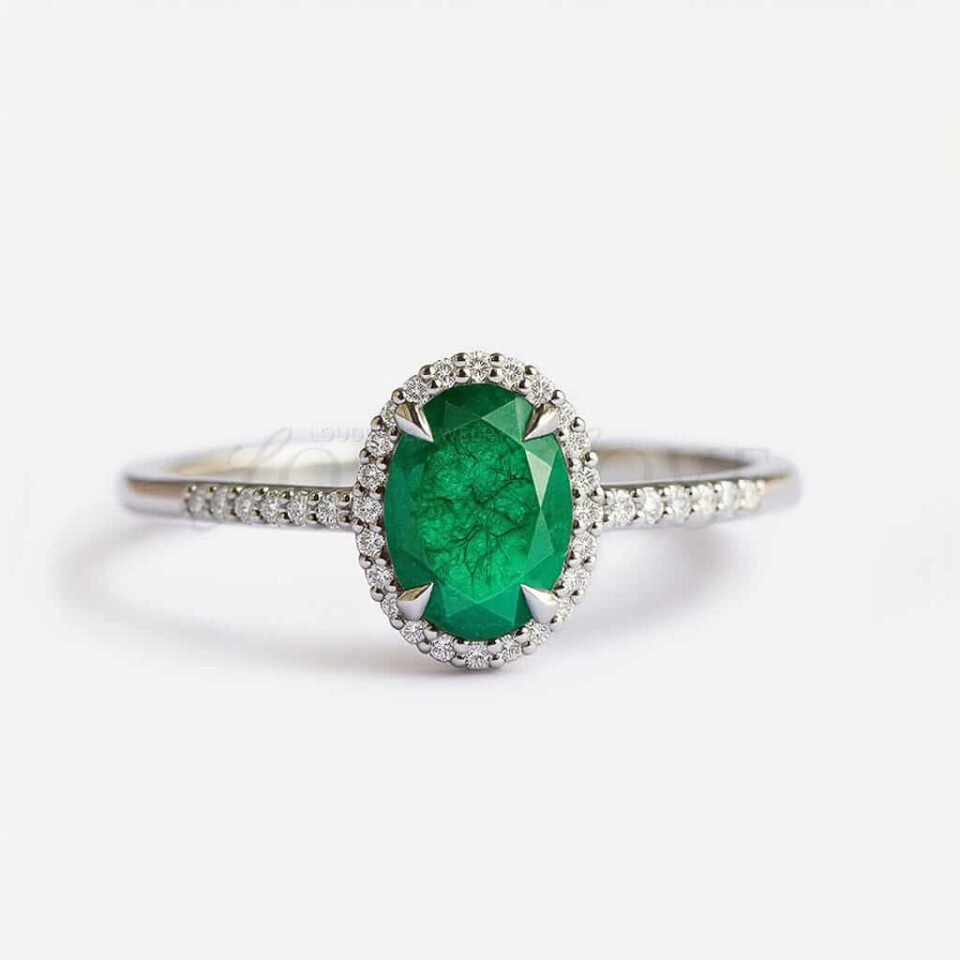 Oval lab-grown emerald with side stone halo and half eternity band in white gold.