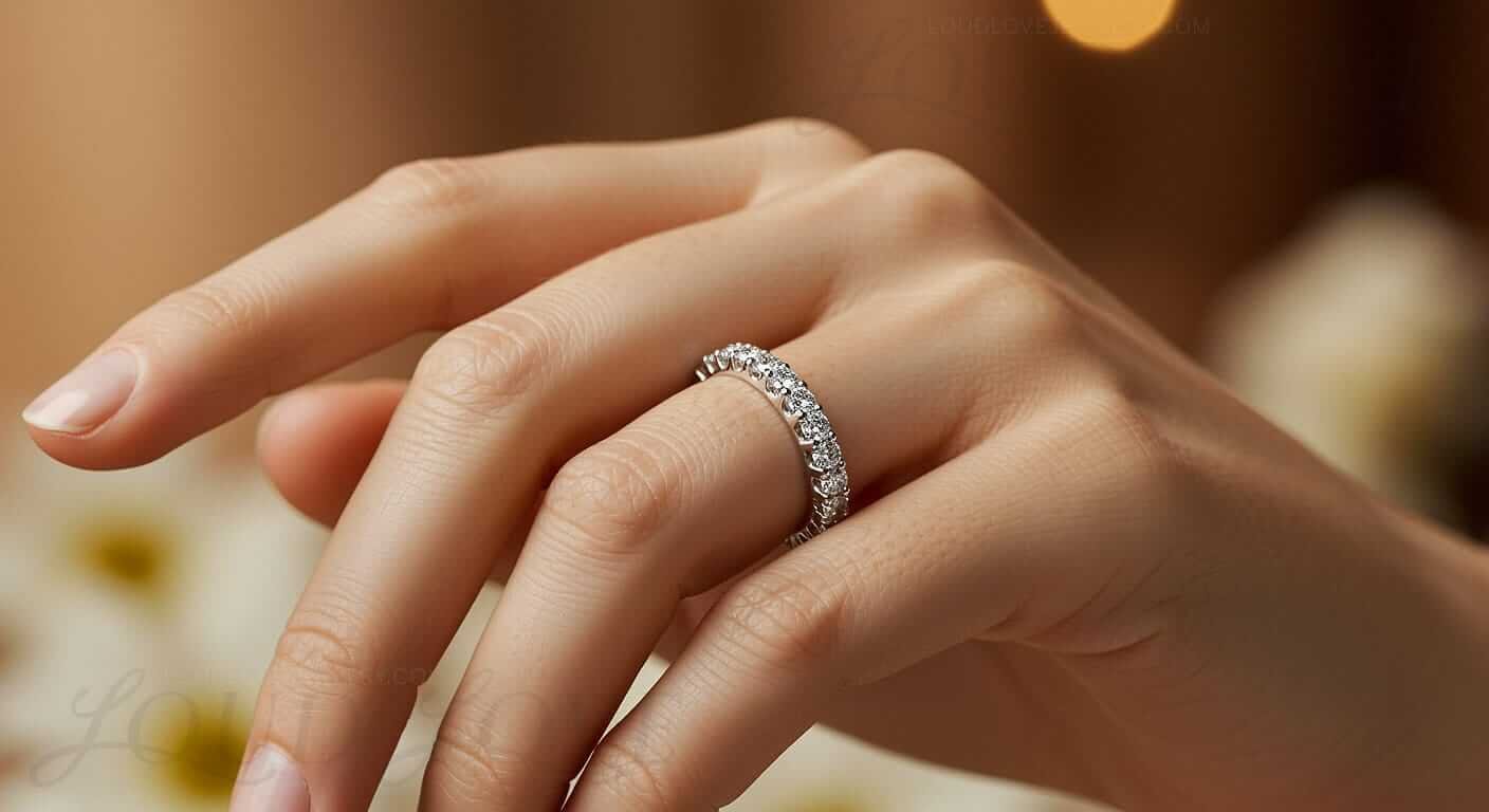 Close up of woman's hand with eternity design of wedding ring that features ethical lab-grown diamonds.