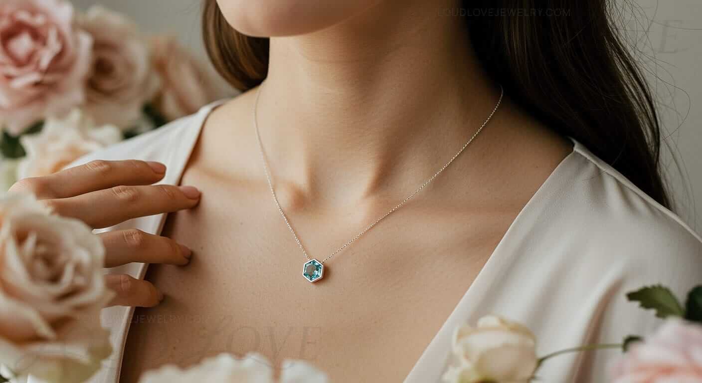 Hexagon shaped gemstone necklace in white gold.