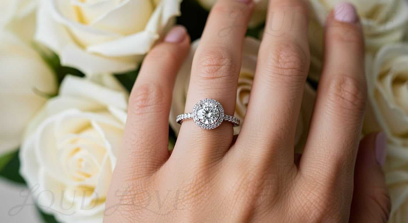 Hand with lab-grown diamonds halo ring featuring eternity band.