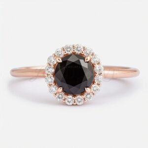 Black diamond center ring with white halo stones on a rose gold engagement band.