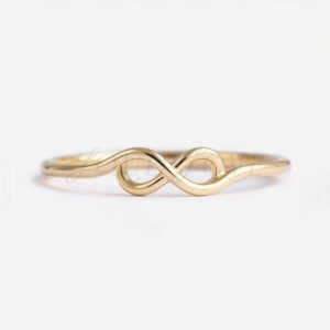 Close-up of a yellow gold infinity wave ring with a continuous wave design.