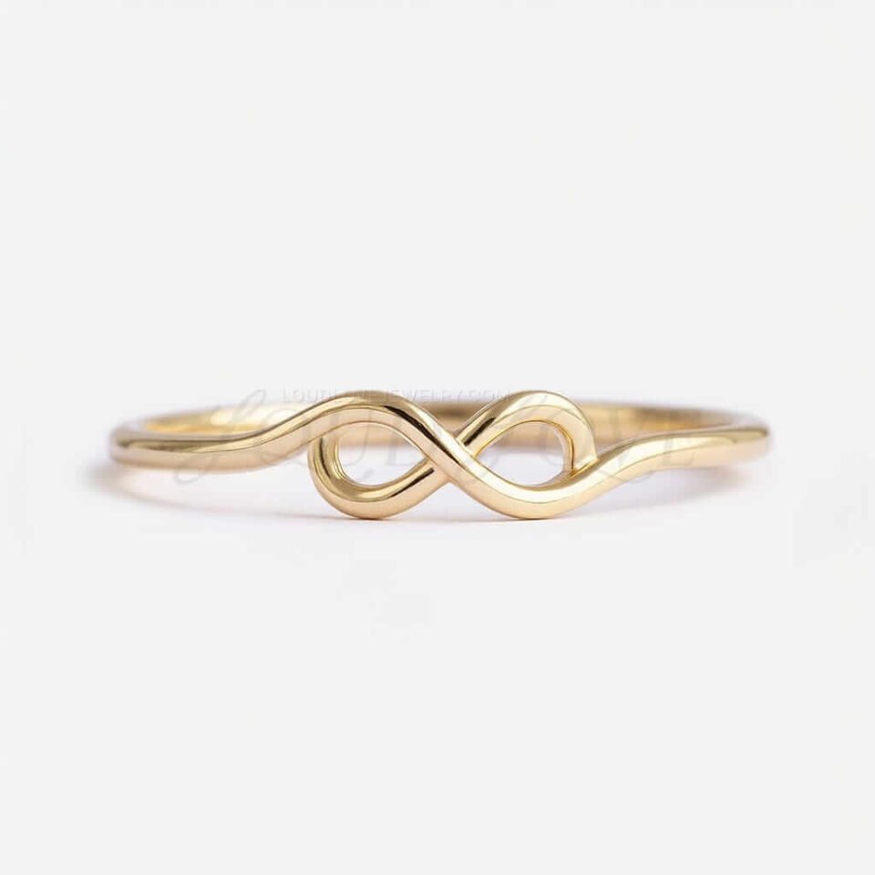 Close-up of a yellow gold infinity wave ring with a continuous wave design.