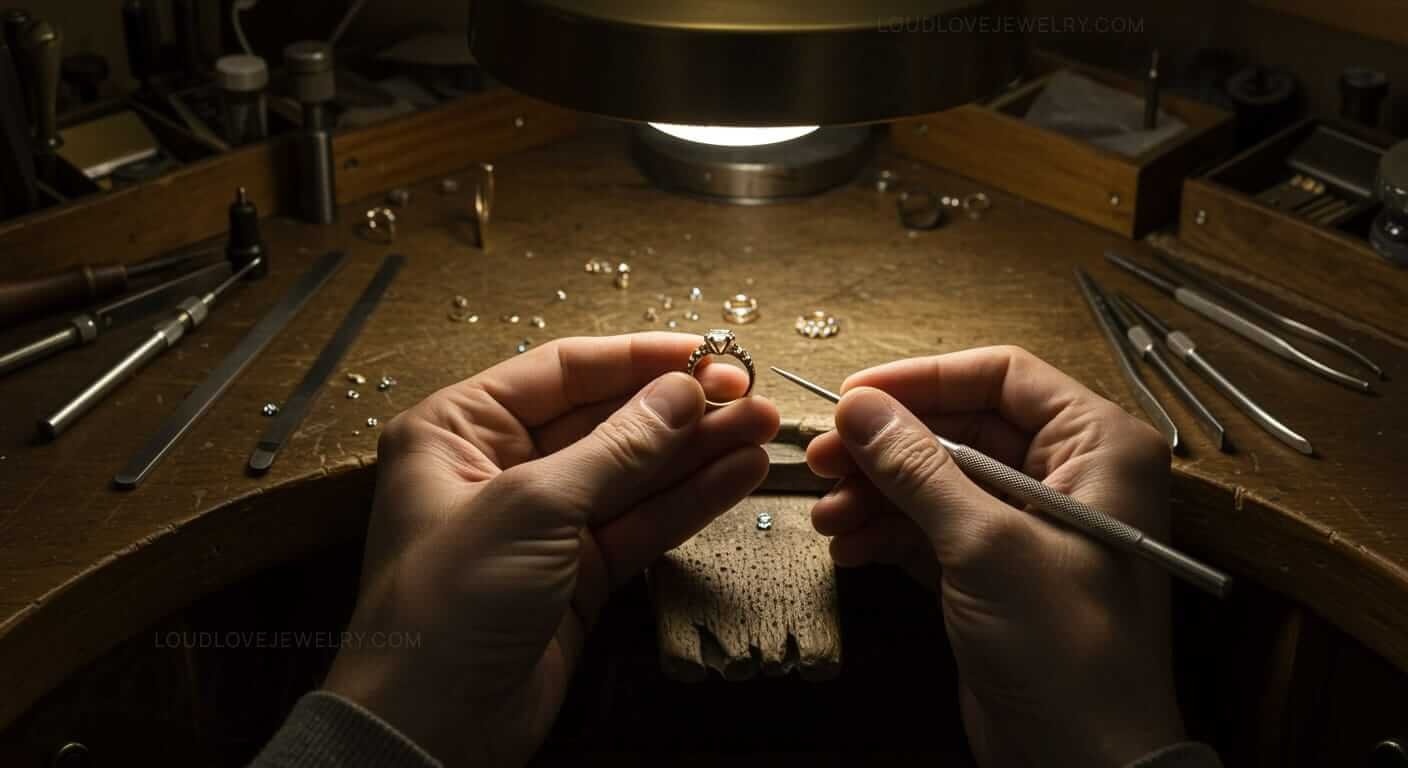 Jeweler working on this custom made jewelry piece in this care a custom ring.