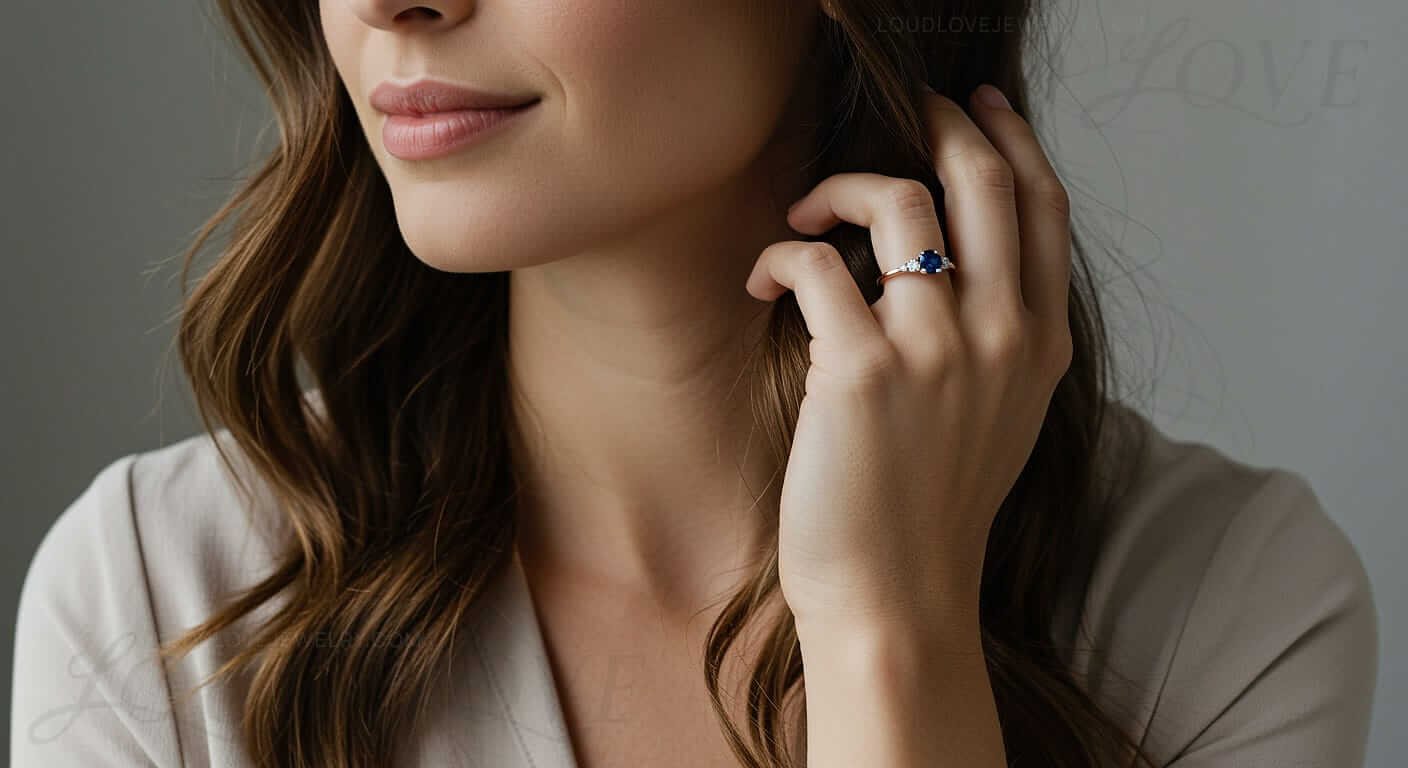 Rose gold multistone engagement ring with sapphire and mixed gemstones.