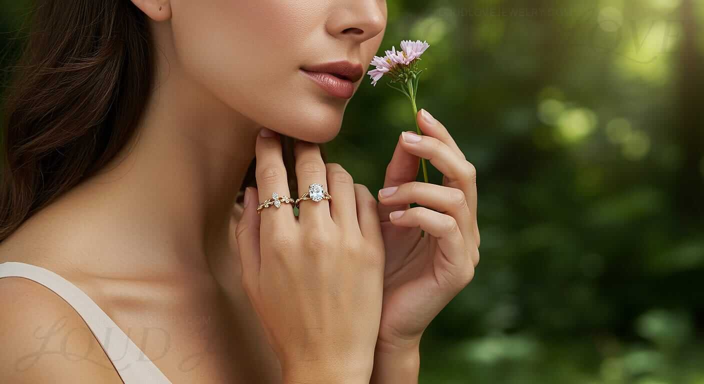 Woman smelling a flower and showing her hand with two rings that are inspired by nature.