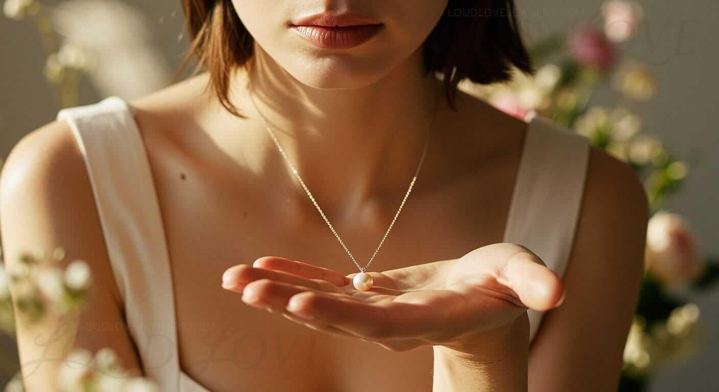 Girl holding her yellow gold pearl necklace.