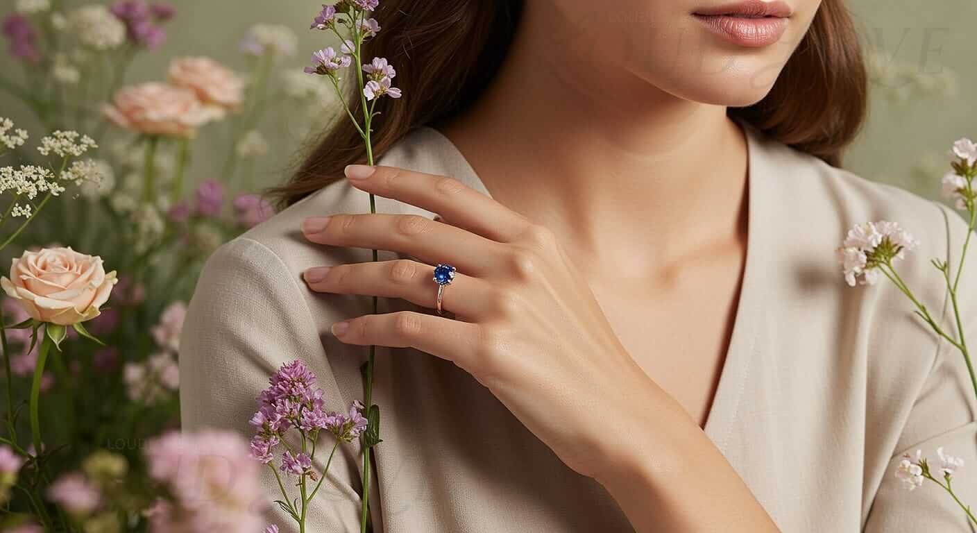 Woman's hand with minimalistic design single gemstone ring.
