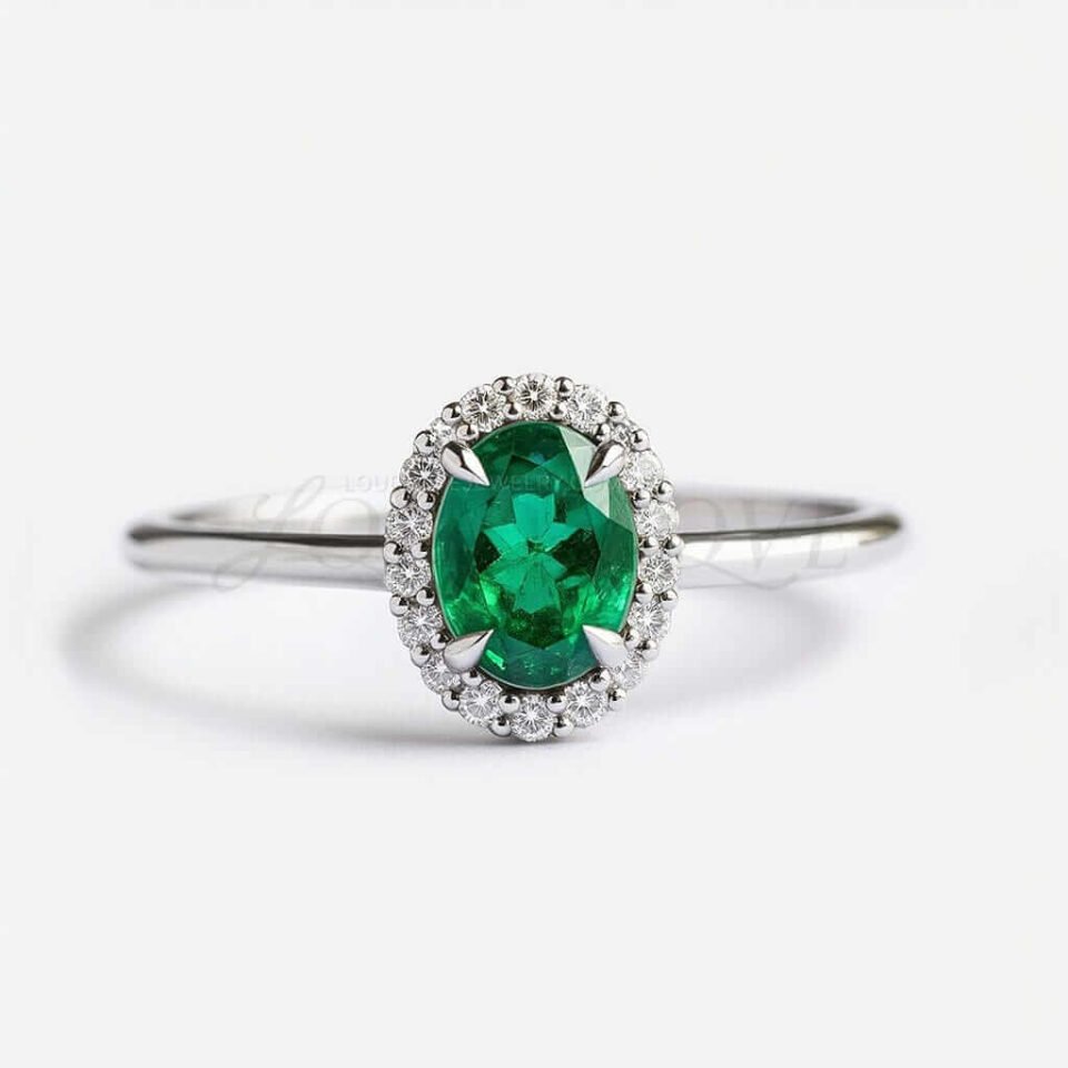 Oval lab-grown emerald with a white gold halo setting and a thin polished band.