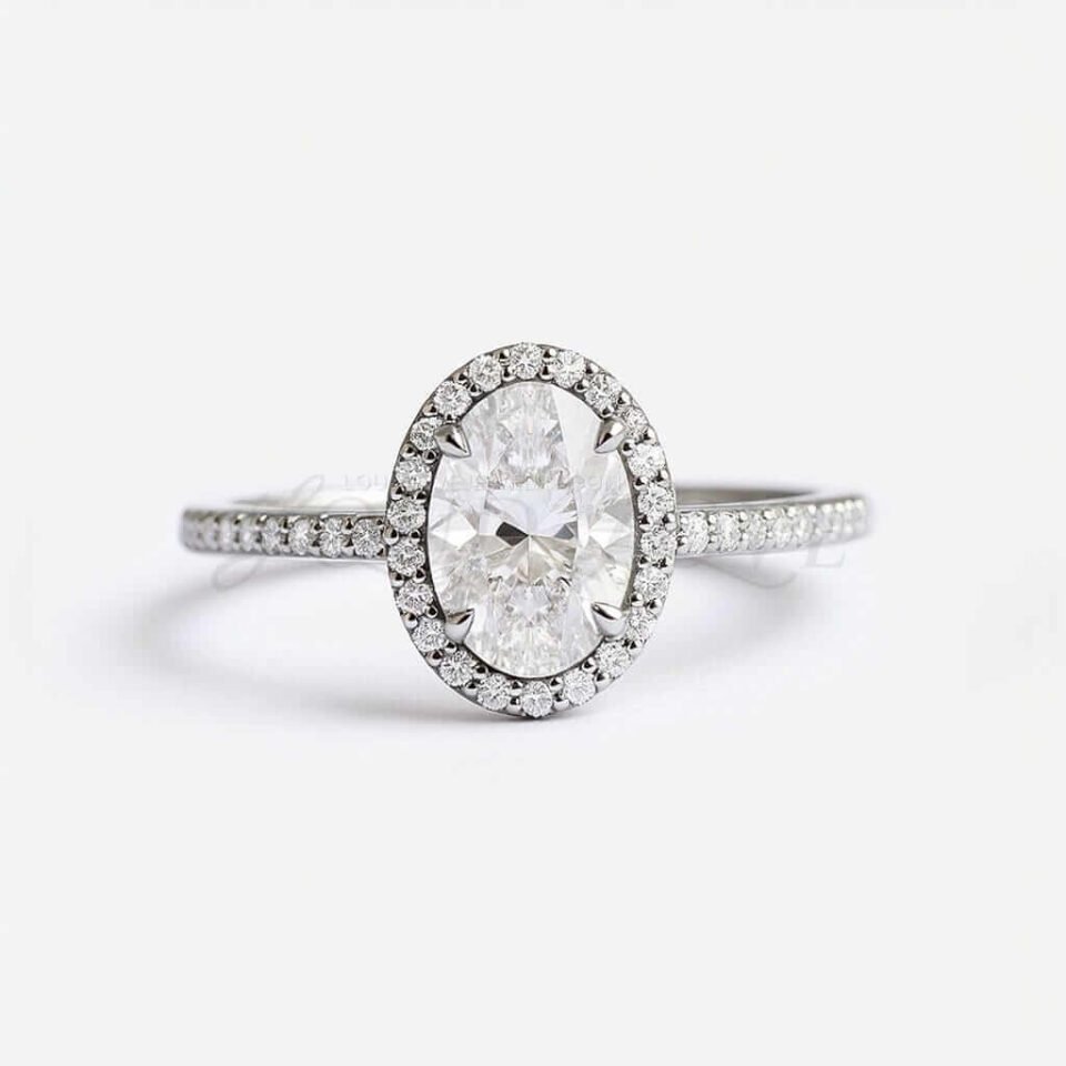 Oval moissanite engagement ring with halo and half eternity band in gold.