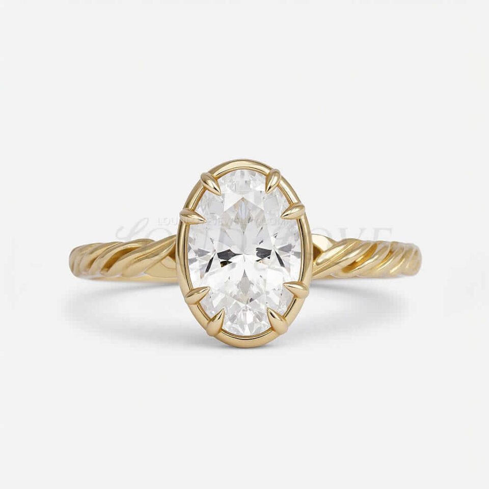 Oval moissanite ring with braided gold band, double claws, and bezel rim detail.