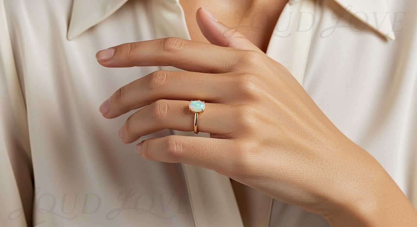Yellow gold set ring with opal set by 4 prongs is a perfect sample of a single gem ring.