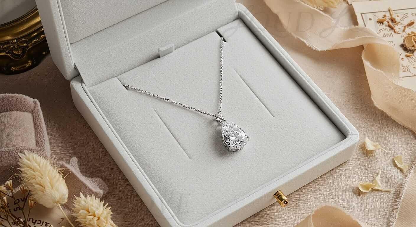 Pear shaped diamond set in white gold necklace..