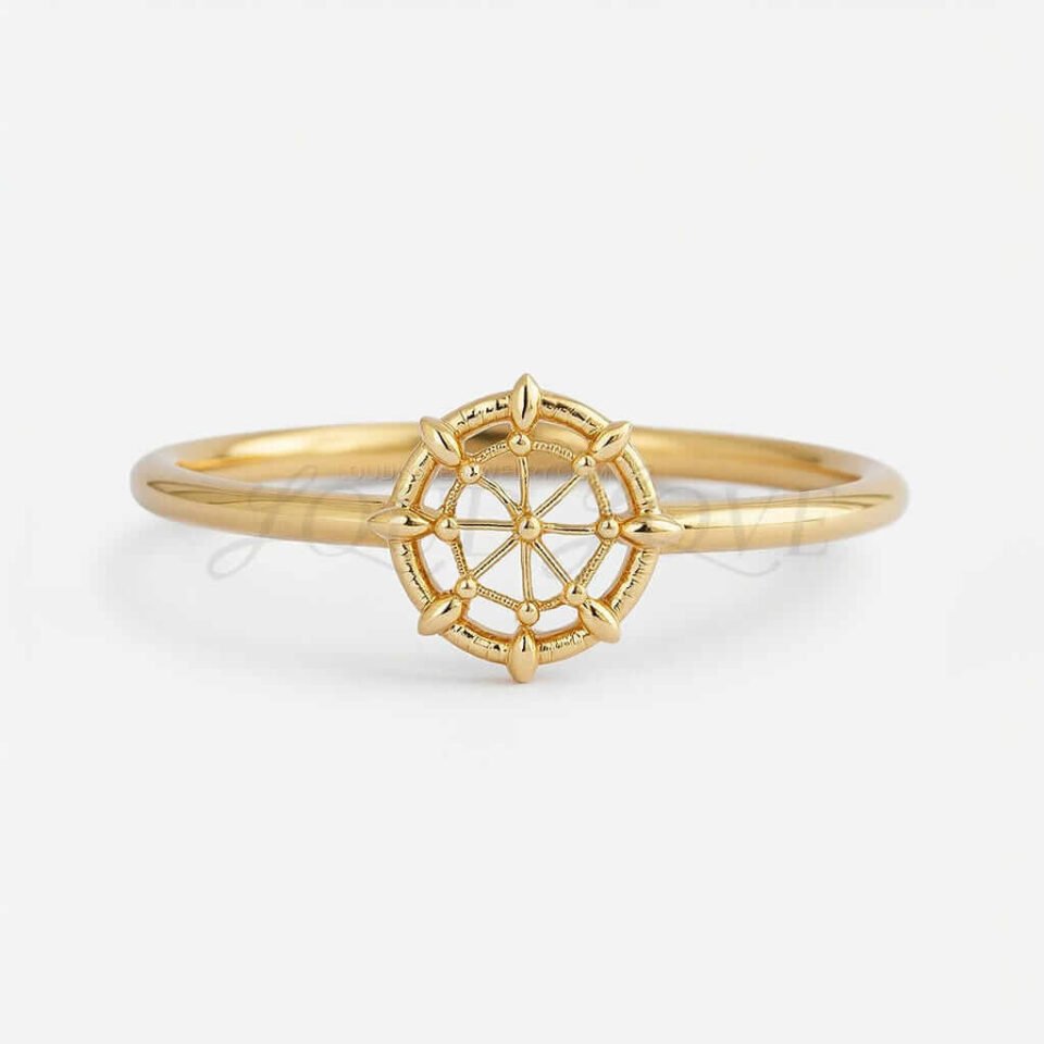 Front view of a 14k yellow Gold pinky promise ring ring with intricate nautical wheel design.