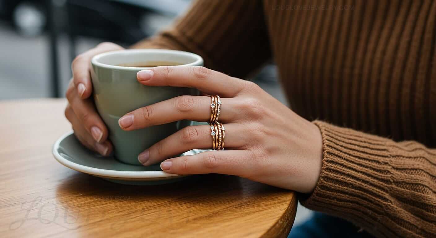 Girl with a few rings drinking her morning coffee.