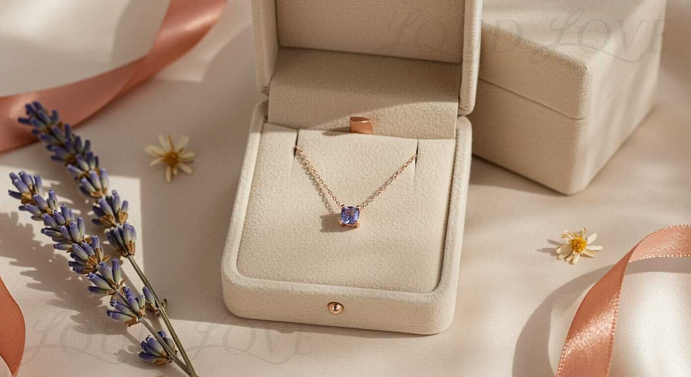 Four prong set amethyst gemstone necklace in show box.