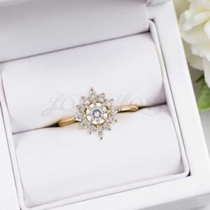 Starburst-style engagement ring with round center and radiant halo of moissanites