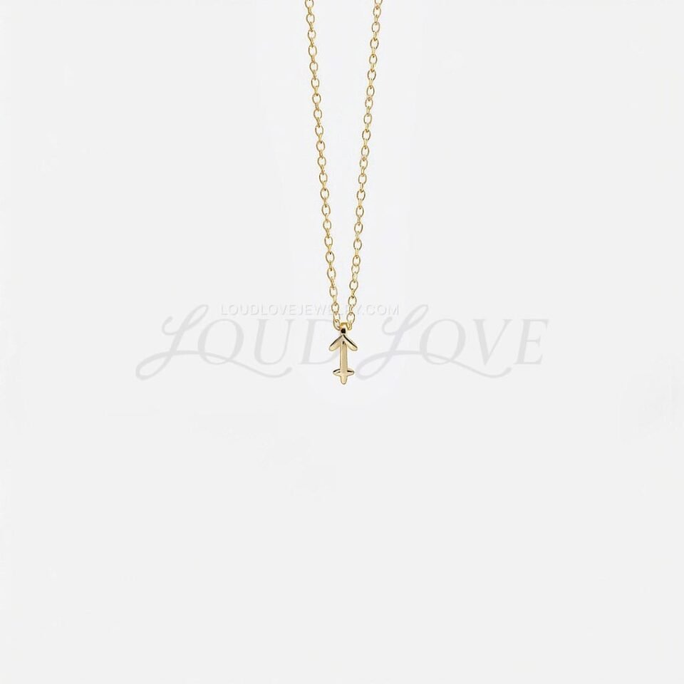 Gold Sagittarius pendant showing the archer symbol with clean geometric lines.