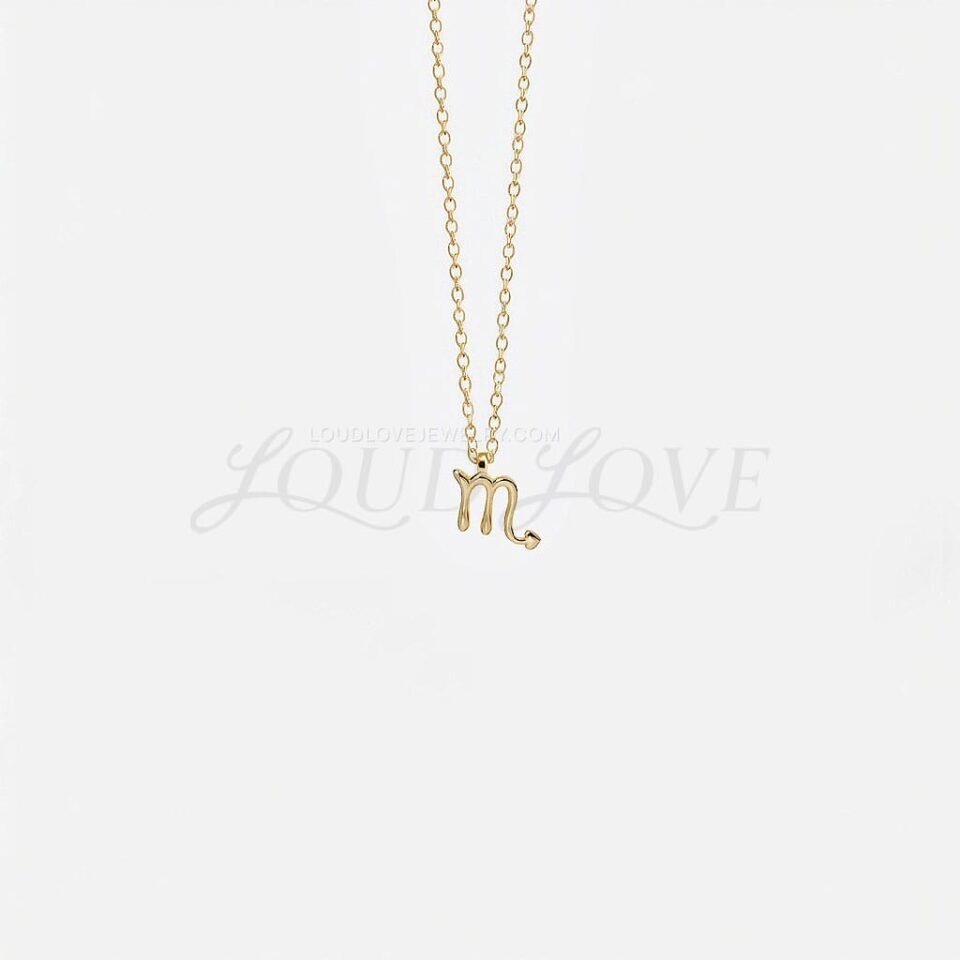 Scorpio sign pendant in gold with a sleek scorpion tail shape, edgy and modern.