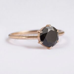 Side perspective of a solitaire ring with brilliant cut black diamond.