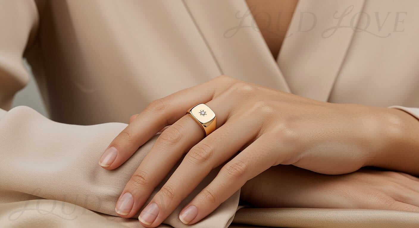 Female hands with a diamond inserted in signet ring