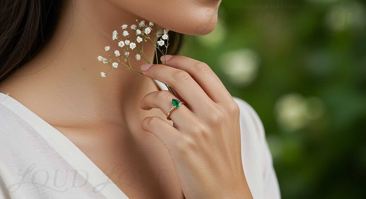 Green gemstone in pear cut is just one of the examples of solitaire engagement rings.