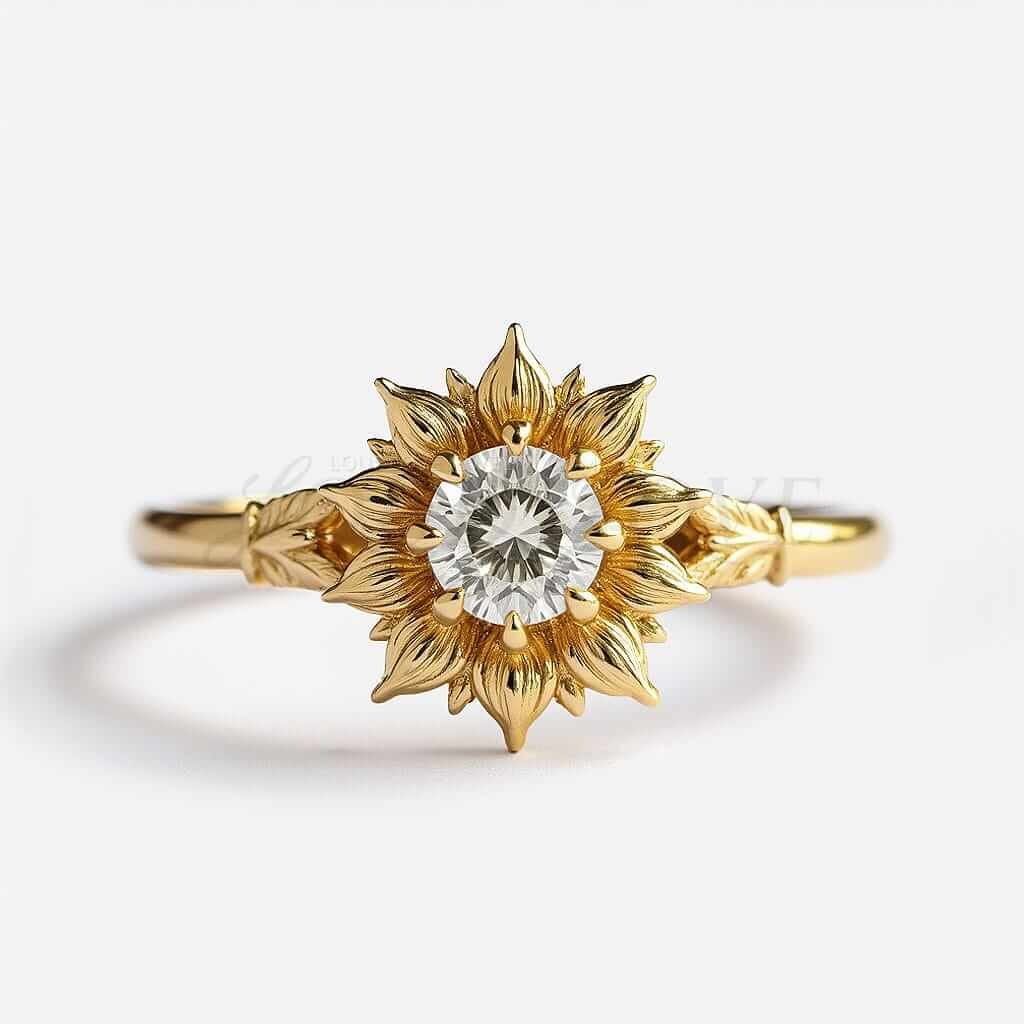 Moissanite sunflower engagement ring with wide band displayed on white background.