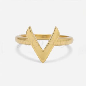 Gold V ring characterized by its angular, chevron-like design.