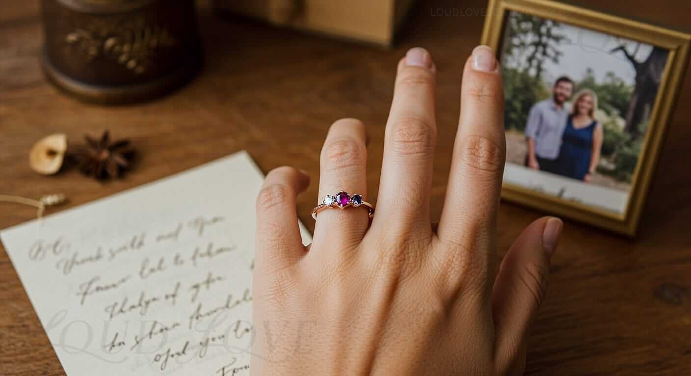 Woman with 3 birthstones on her ring for her husband, their child and her own month.