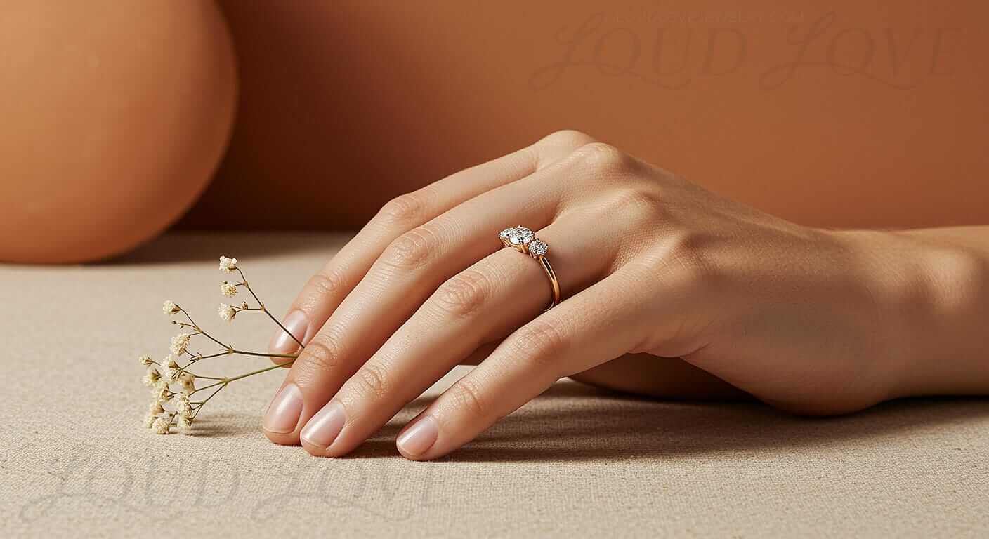 Female hand with 3 lab-grown diamonds featuring in three stone engagement ring.