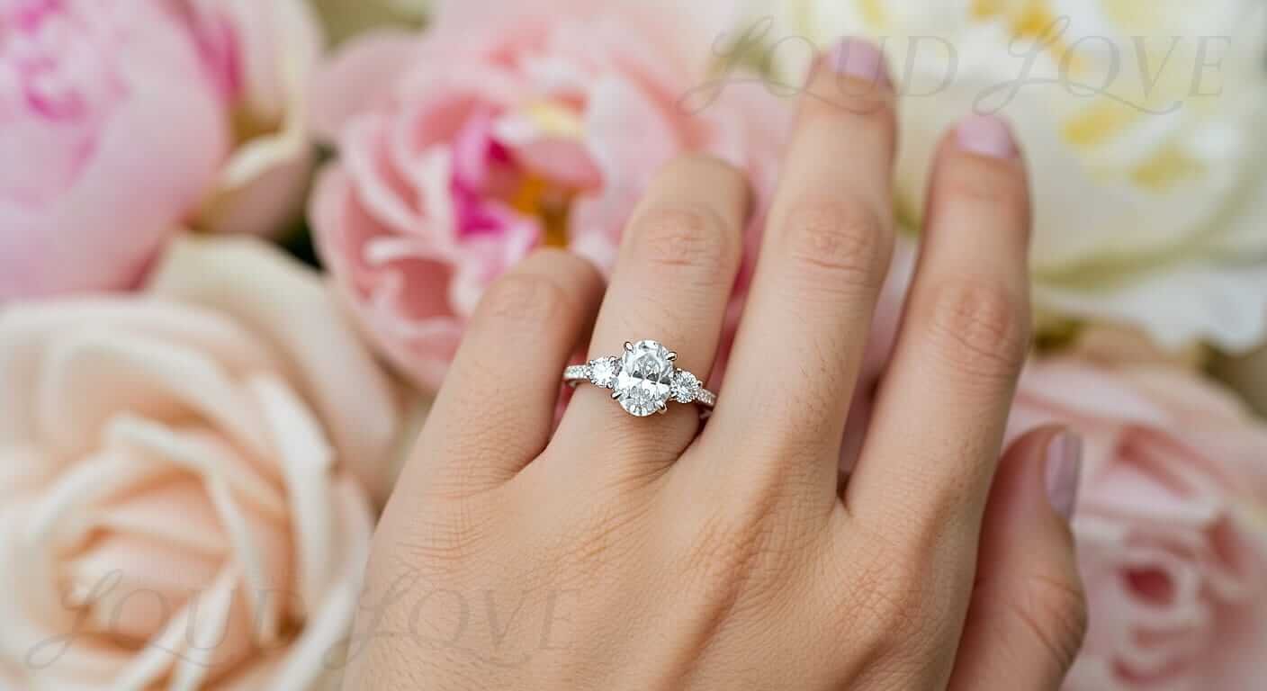 Ring with mxied sizes and shapes of lab-grown diamonds.