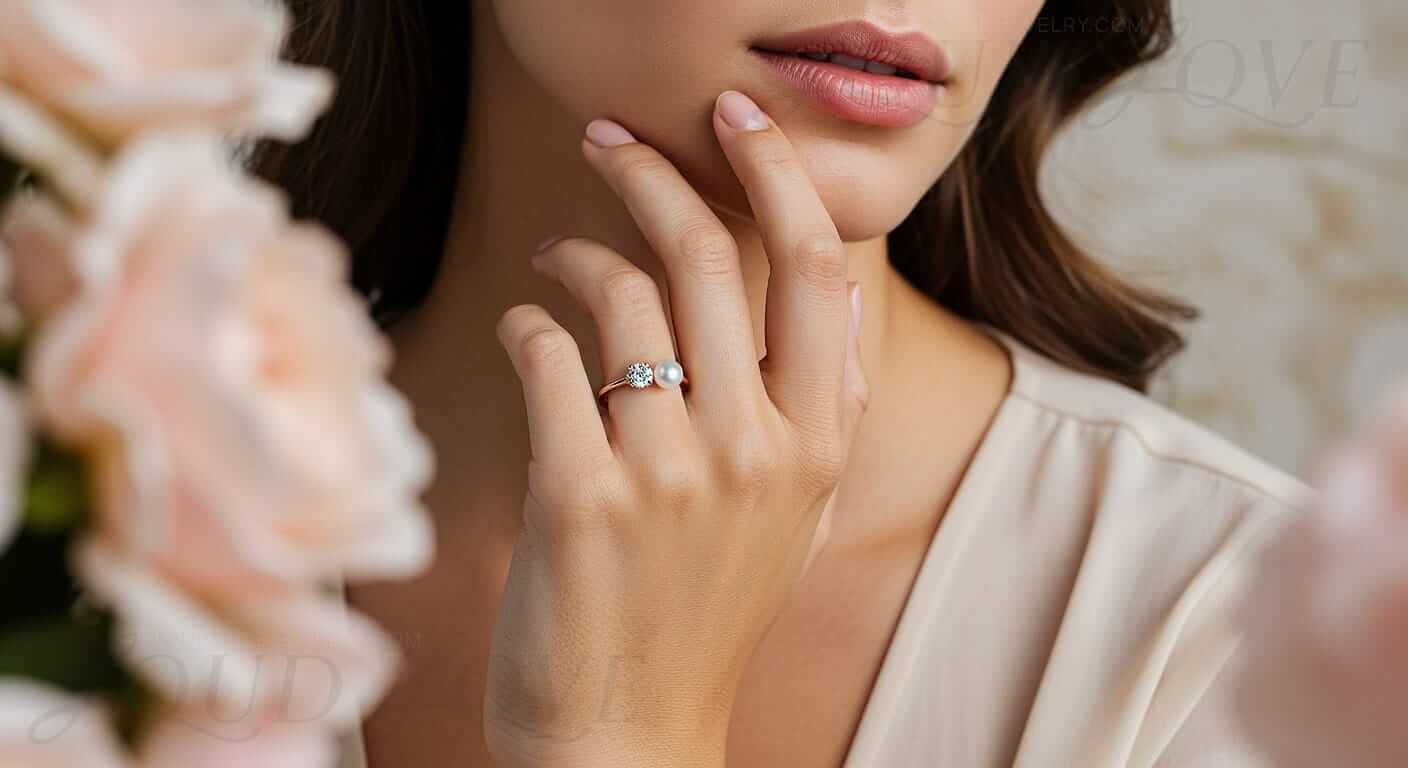 Woman showcasing example of her unique engagement ring featuring lab-grown diamond and pearl.