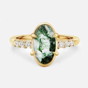 Uniquely shaped moss agate ring with gold rim and six accent stones, front view.