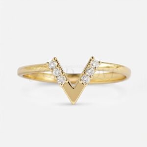 Stackable gold ring with V silhouette and six sparkling moissanites in front view.