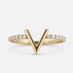 Elegant V band in gold with pavé diamonds, designed for stacking or solo wear.