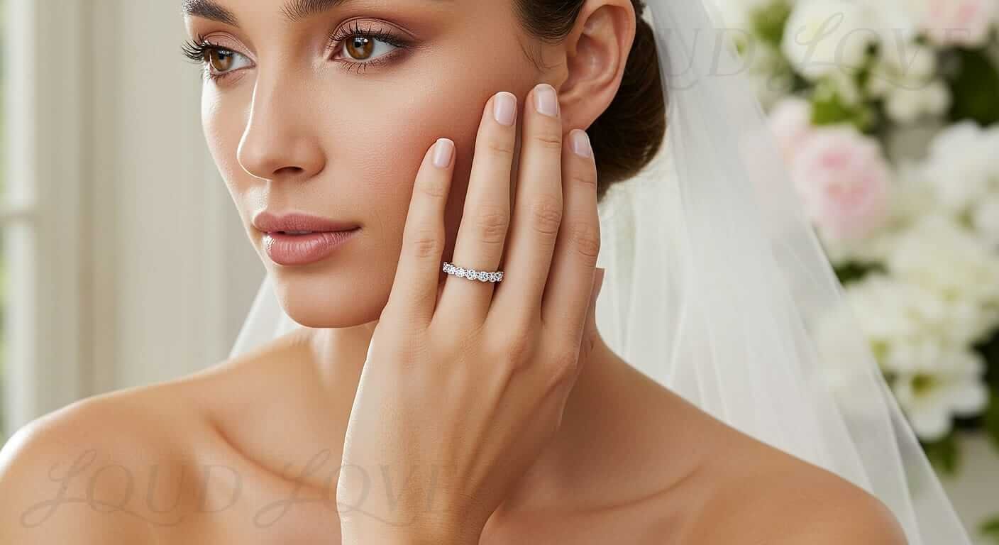 Bride showing off her minimalistic wedding ring.