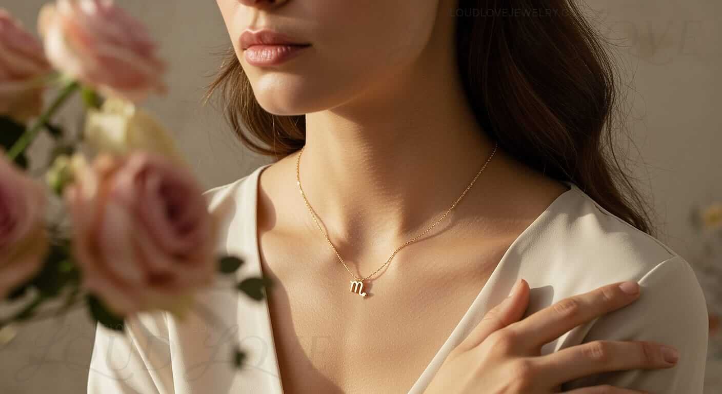 Astrology loving customer wearing scorpio necklace